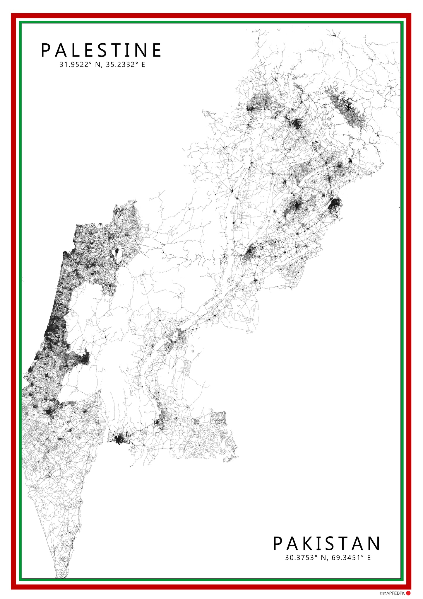 Palestine + Pakistan - Dual Country A3 Map - Black on White