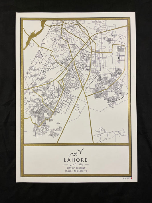 Lahore - Gold Hand Painted A3 Map