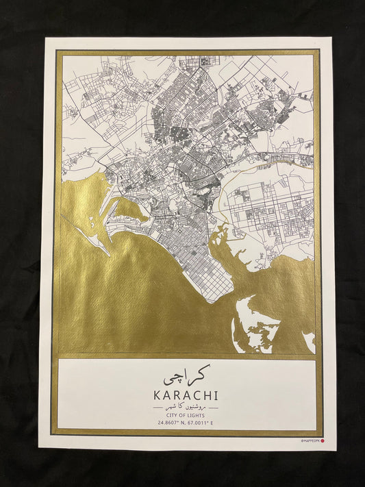 Karachi - Gold Hand Painted A3 Map