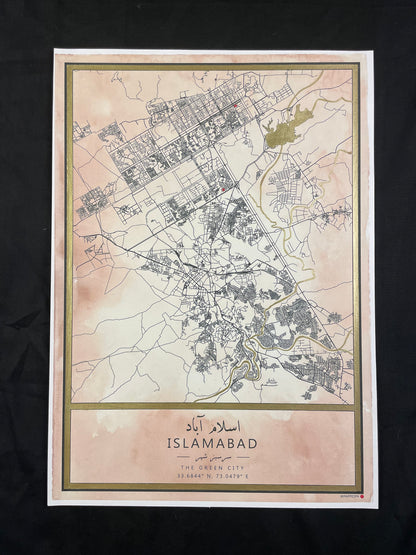 Islamabad - Gold Hand Painted A3 Map