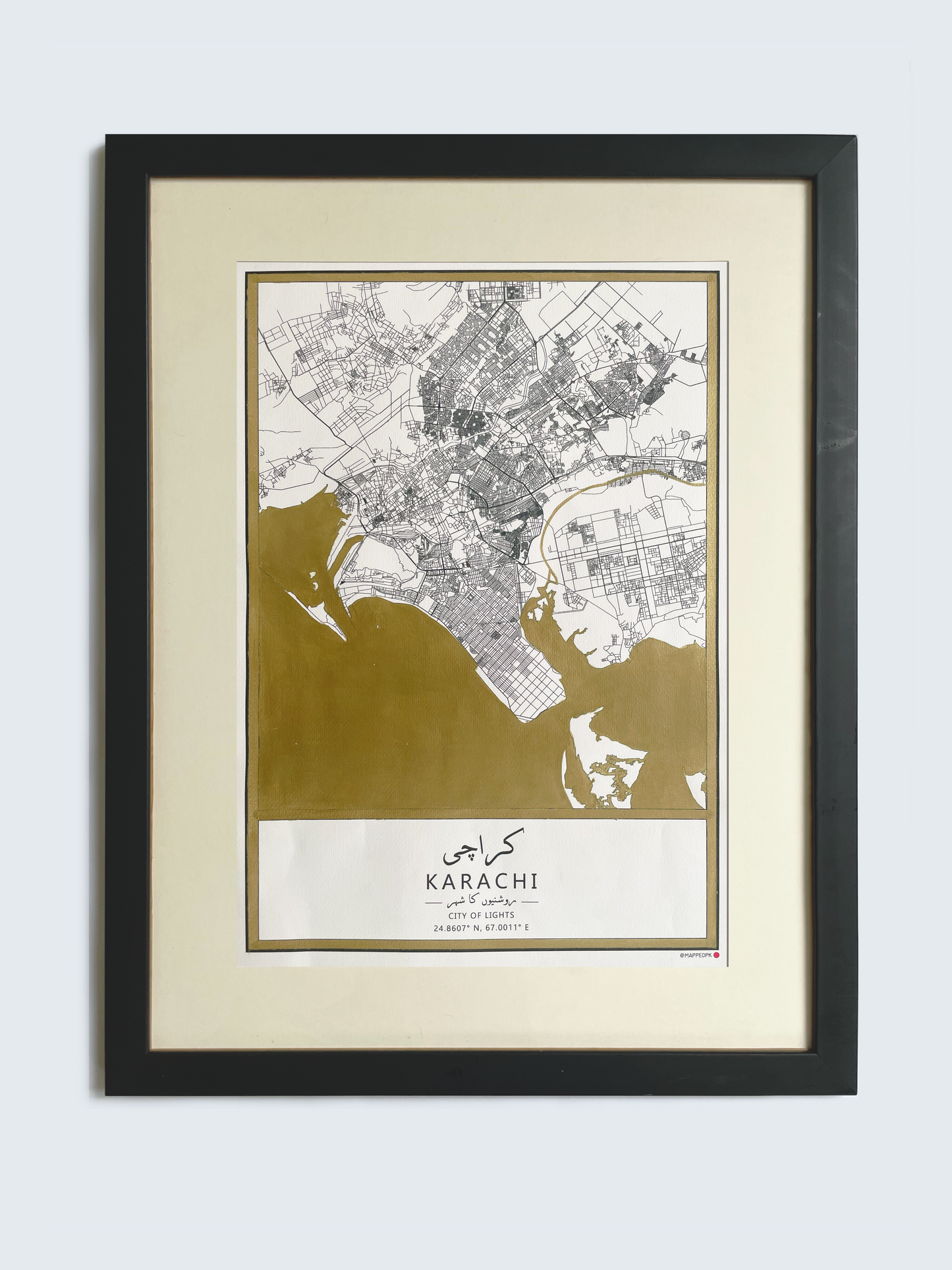 Karachi - Gold Hand Painted A3 Map in Black Frame