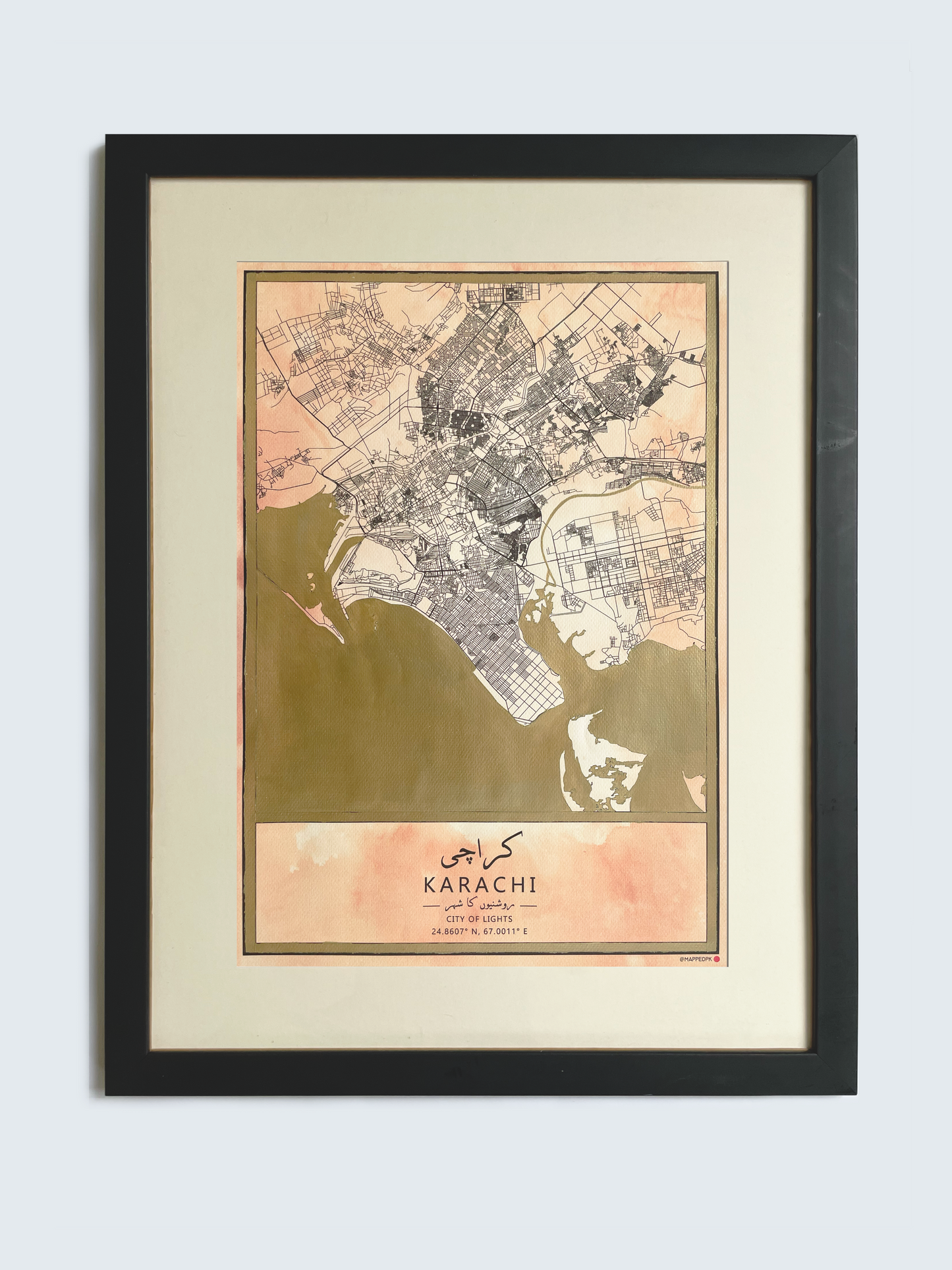Karachi - Gold Hand Painted A3 Map in Black Frame