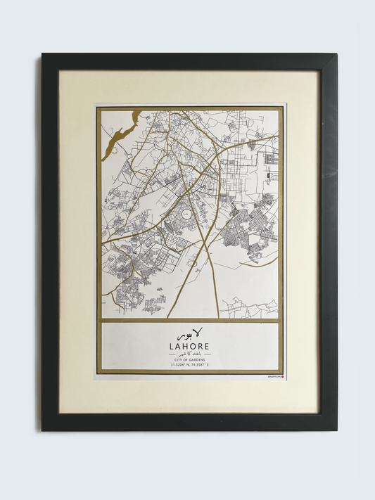 Lahore - Gold Hand Painted A3 Map in Black Frame