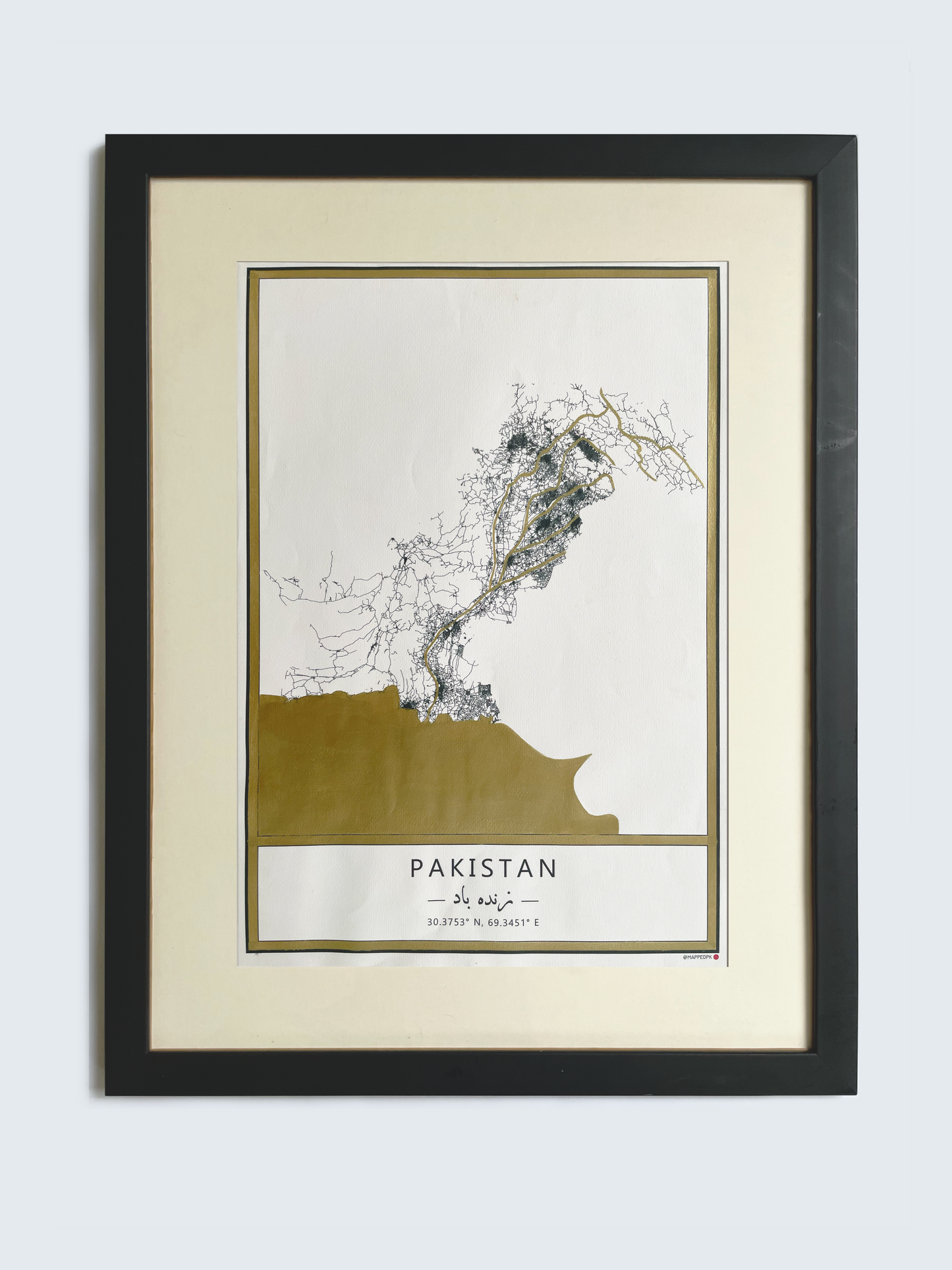 Pakistan - Gold Hand Painted A3 Map in Black Frame