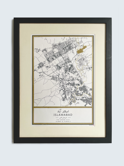 Islamabad - Gold Hand Painted A3 Map in Black Frame